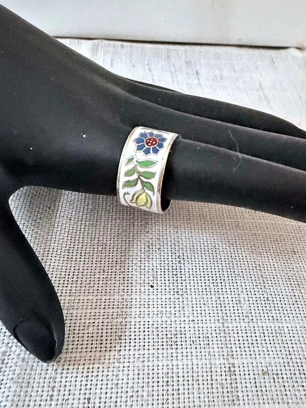 Vintage 1970s Siam Thai Sterling Silver Cloisonné Enamel Floral Band Ring Size 7
